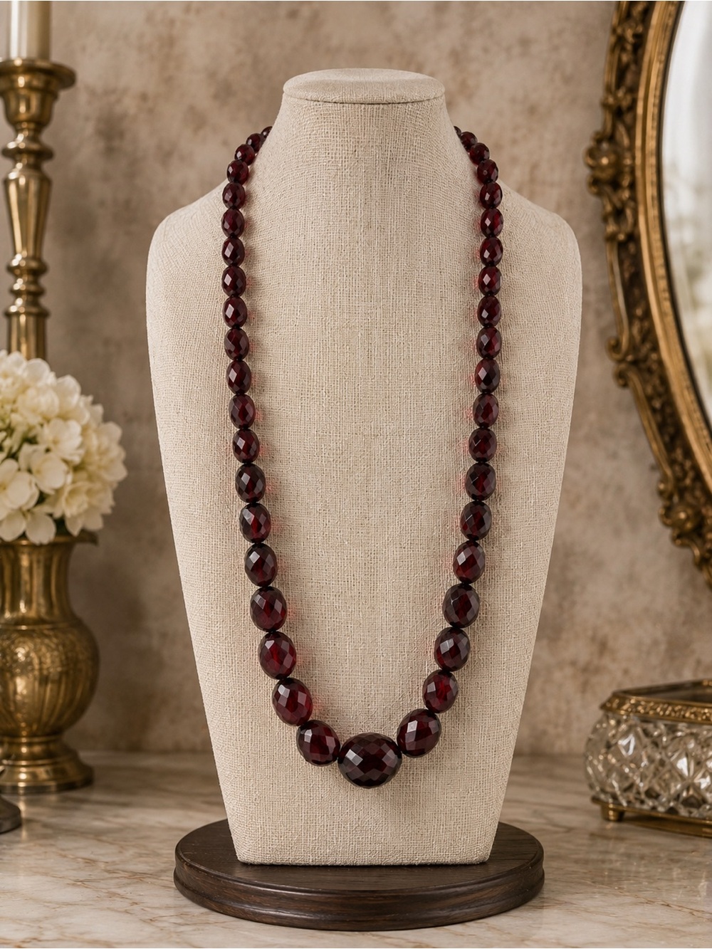 Bakelite - Faceted Cherry Bead Necklace 26’
